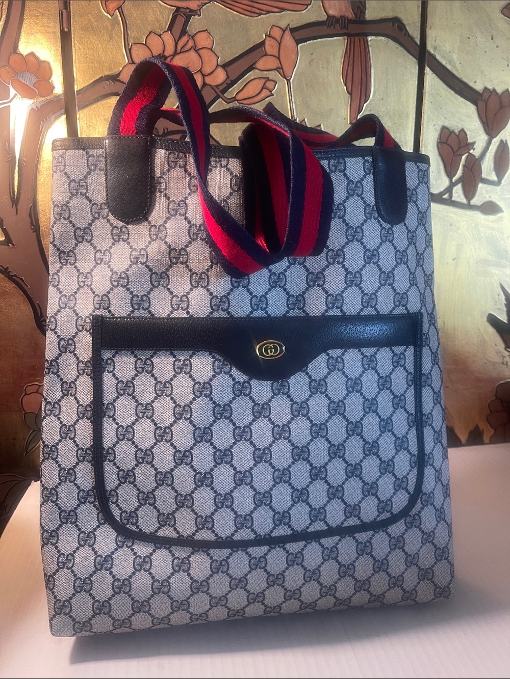 Gucci Beige Monogram Tote with Red and Navy Web Straps